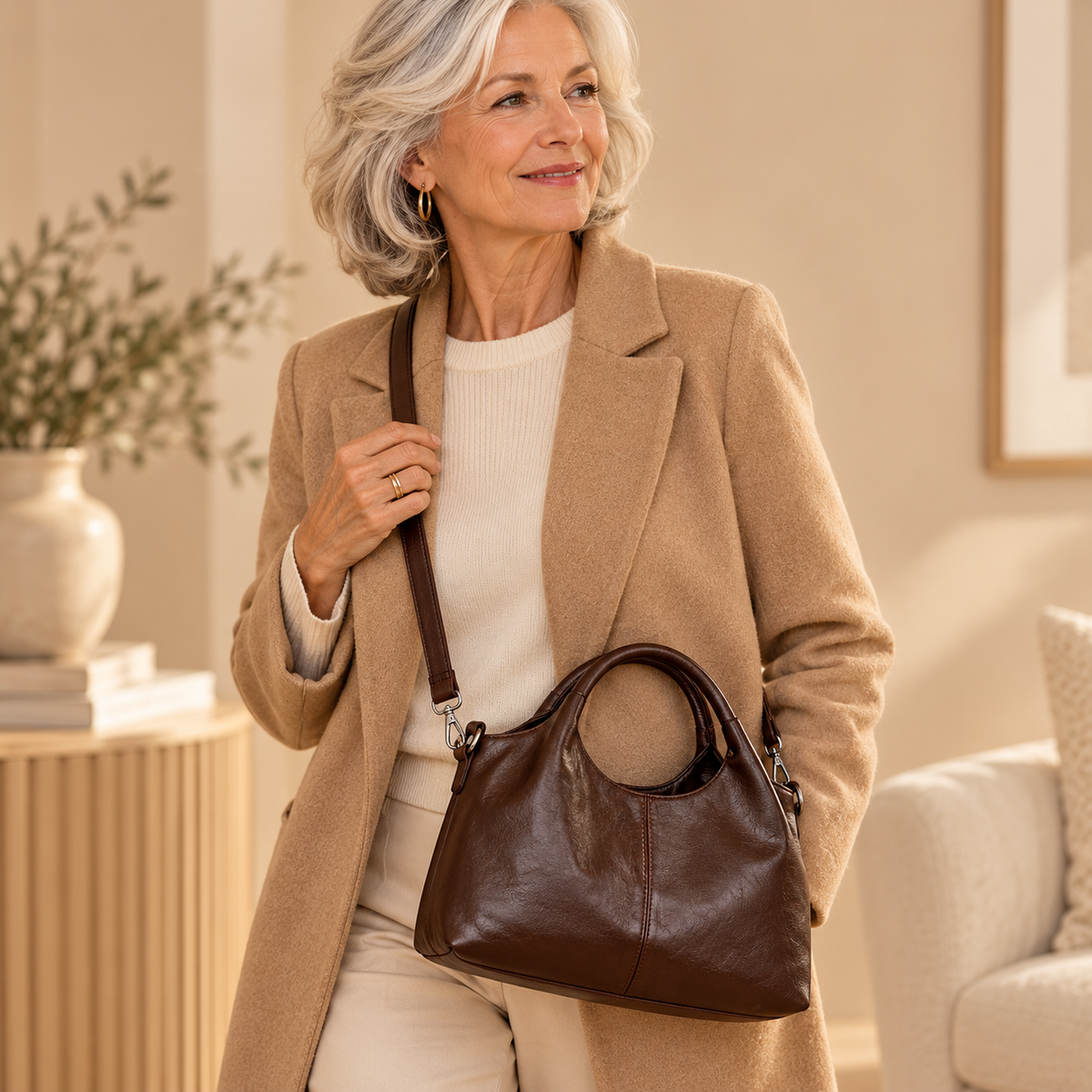 Women's Leather-Look Hobo Handbag with Crossbody Strap