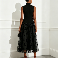 Addie | Flocked Knit High Neck Drop-Waist Sleeveless A-Line Maxi Dress