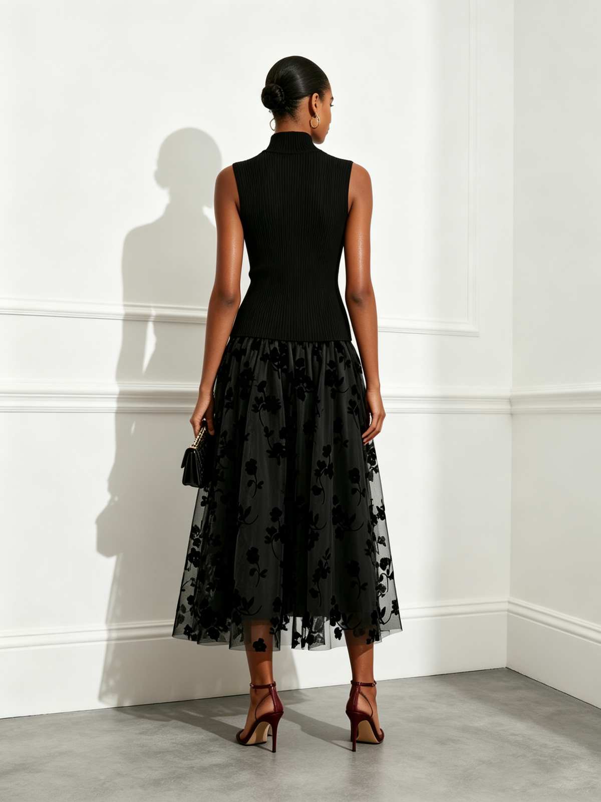 Addie | Flocked Knit High Neck Drop-Waist Sleeveless A-Line Maxi Dress