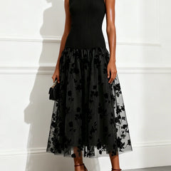 Addie | Flocked Knit High Neck Drop-Waist Sleeveless A-Line Maxi Dress