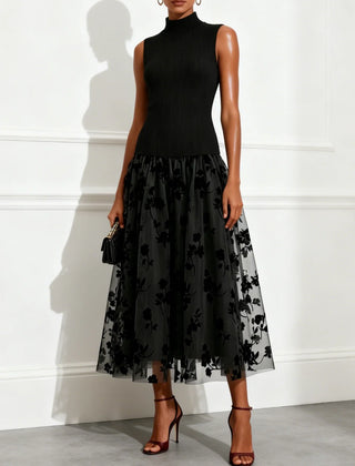 Addie | Flocked Knit High Neck Drop-Waist Sleeveless A-Line Maxi Dress