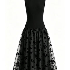 Addie | Flocked Knit High Neck Drop-Waist Sleeveless A-Line Maxi Dress