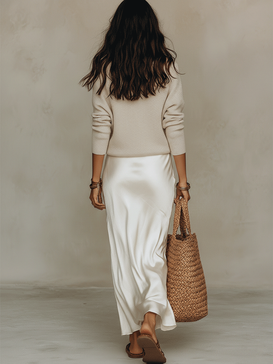 Effortless Ivory Midi Set in Knit and Satin