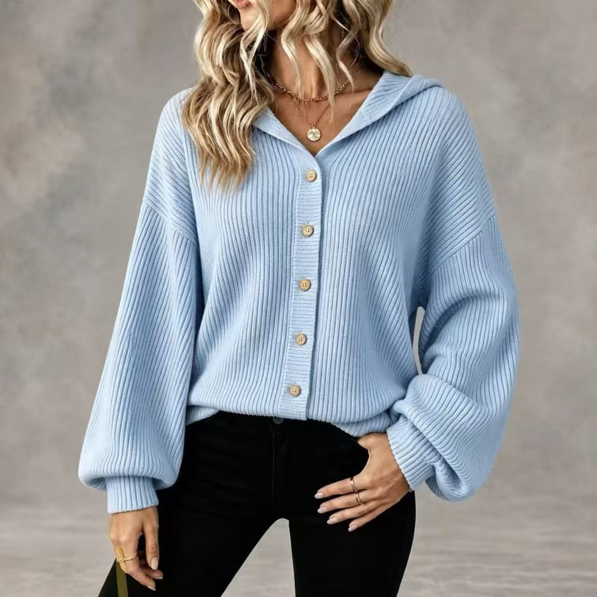 Women's Collared Knitted Cardigan with Buttons
