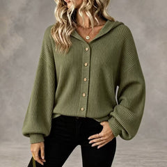 Women's Collared Knitted Cardigan with Buttons