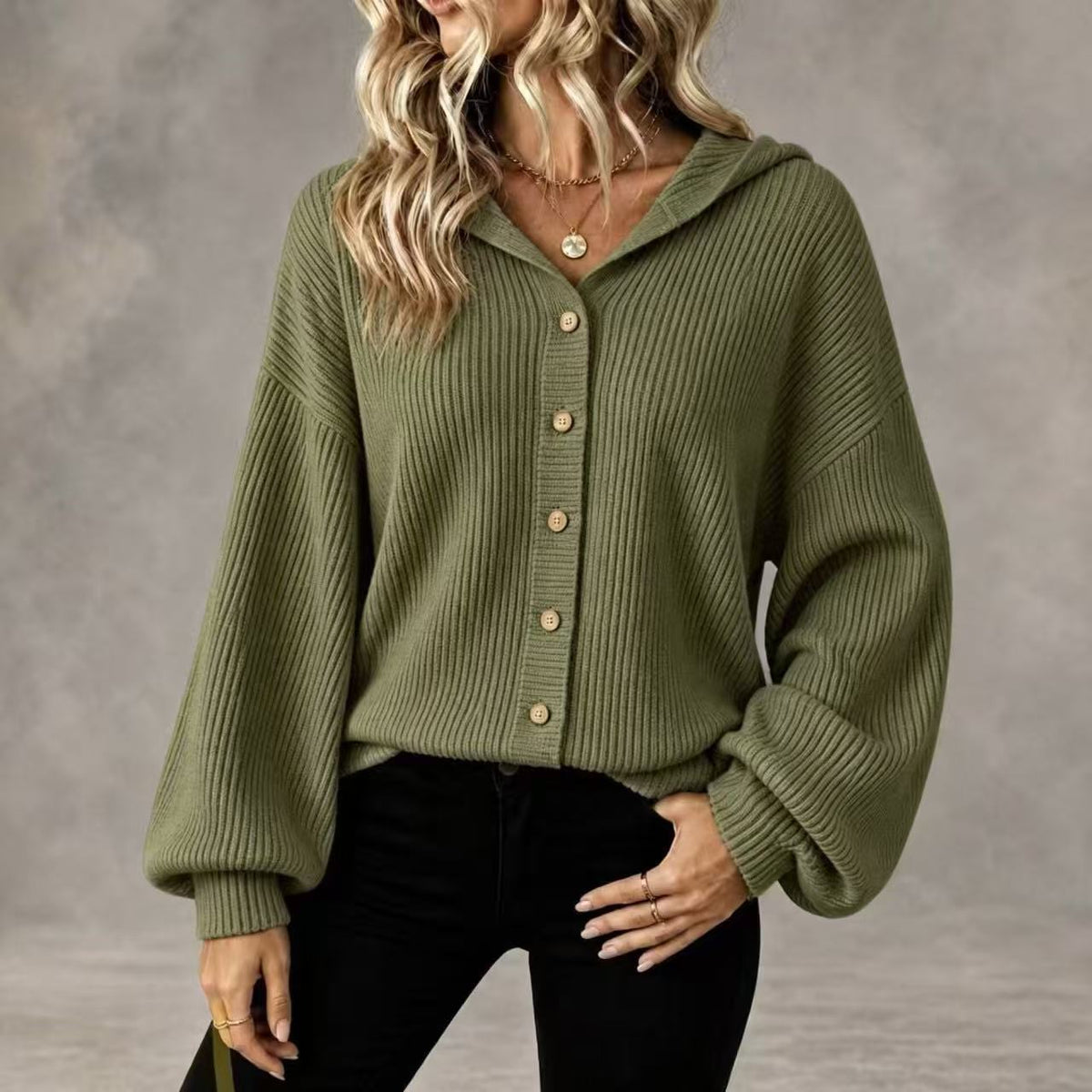 Women's Collared Knitted Cardigan with Buttons