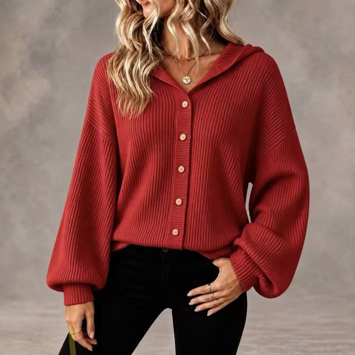 Women's Collared Knitted Cardigan with Buttons