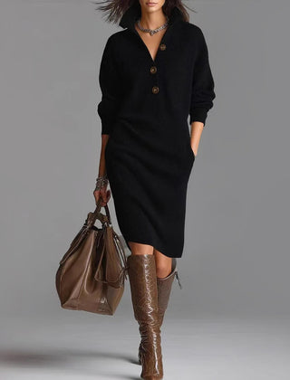 Lacey | Slim Fit Ribbed Collared Midi-Length Sweater Dress