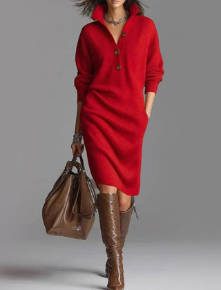 Lacey | Slim Fit Ribbed Collared Midi-Length Sweater Dress