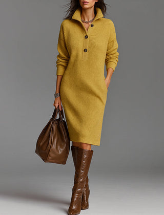 Lacey | Slim Fit Ribbed Collared Midi-Length Sweater Dress