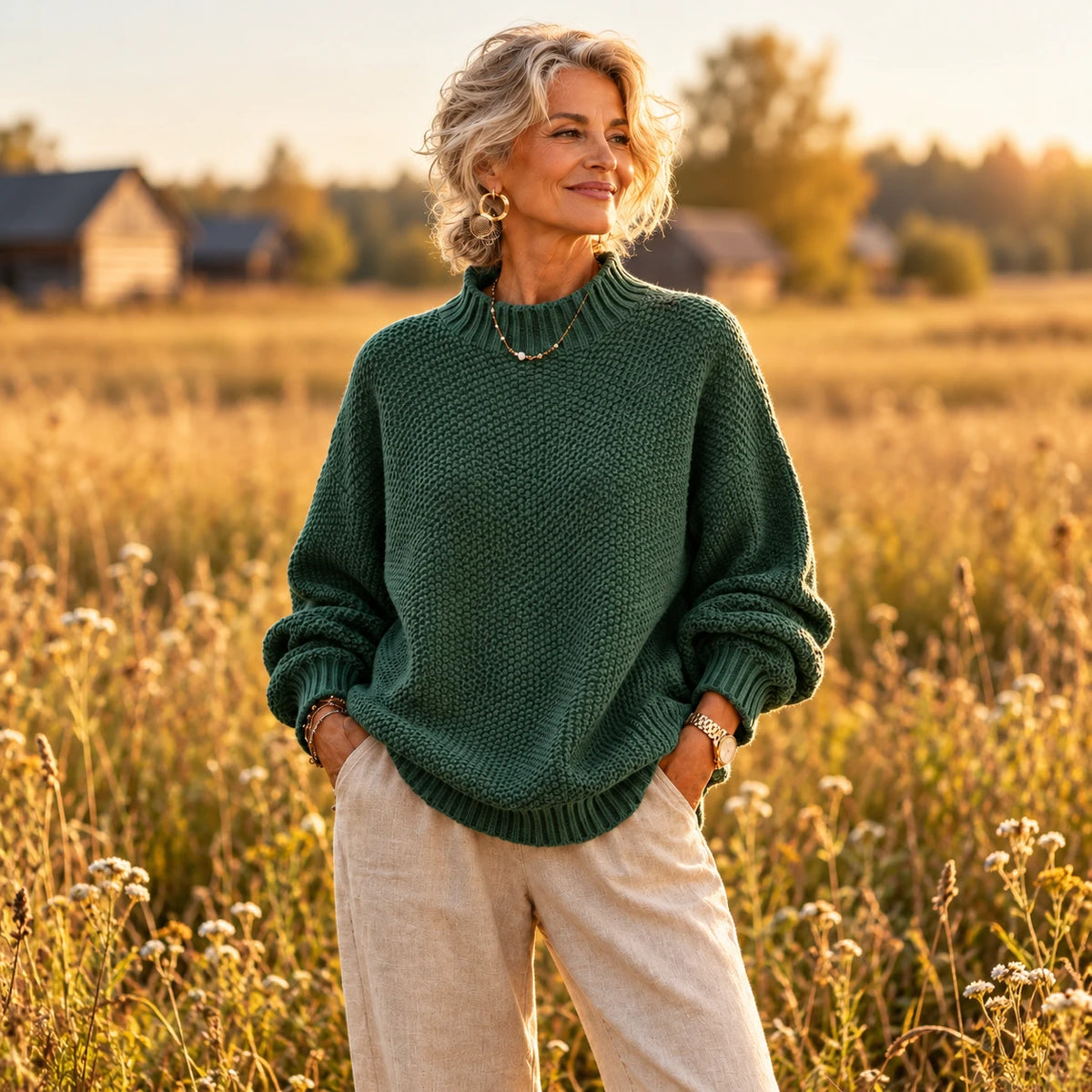 The Barbara in Green — a textured knit with a soft ribbed mock neck.