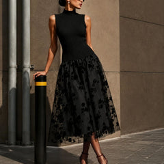 Addie | Flocked Knit High Neck Drop-Waist Sleeveless A-Line Maxi Dress