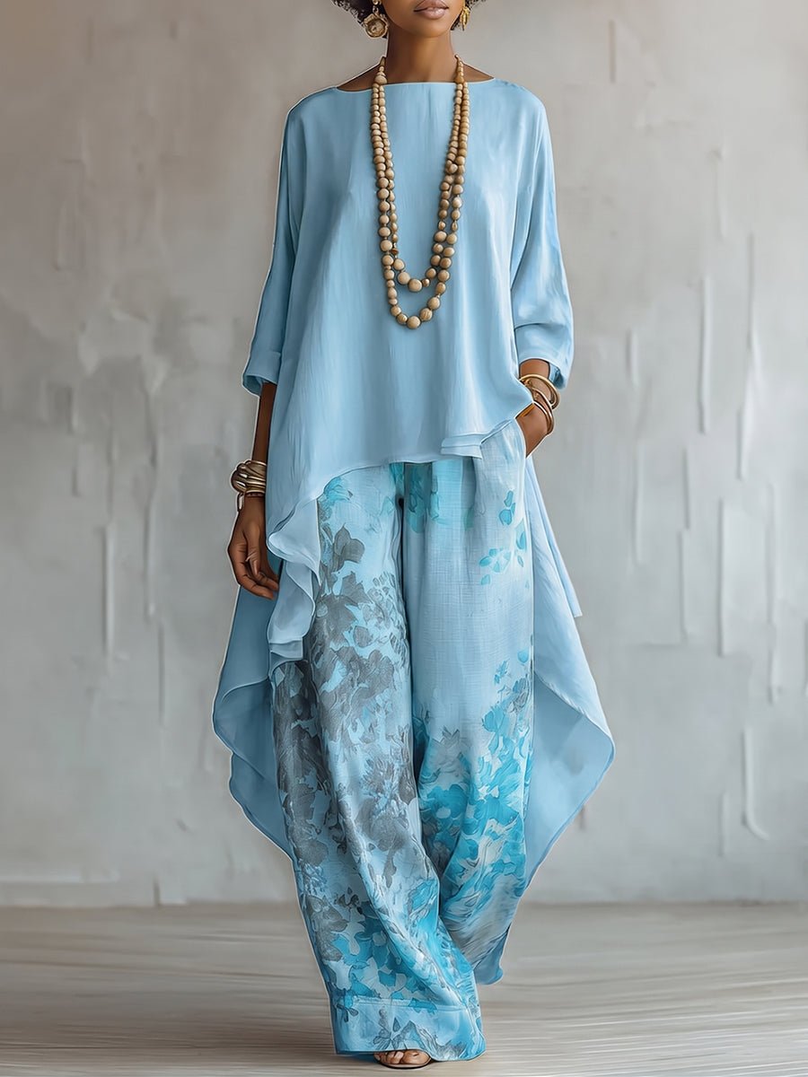 Delphine | Asymmetrical Top and Floral Wide Leg Pants Set