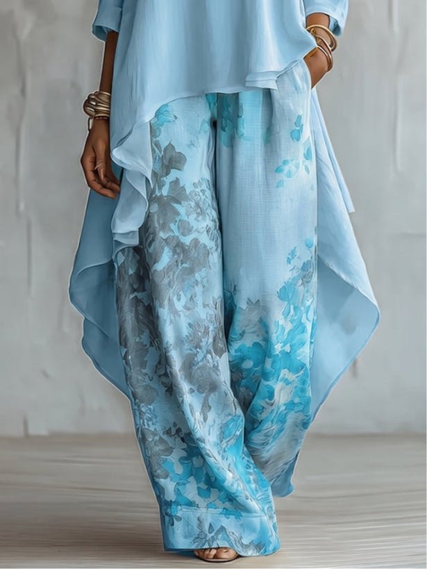 Delphine | Asymmetrical Top and Floral Wide Leg Pants Set
