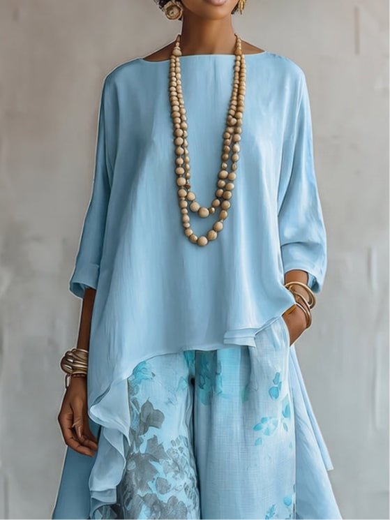 Delphine | Asymmetrical Top and Floral Wide Leg Pants Set