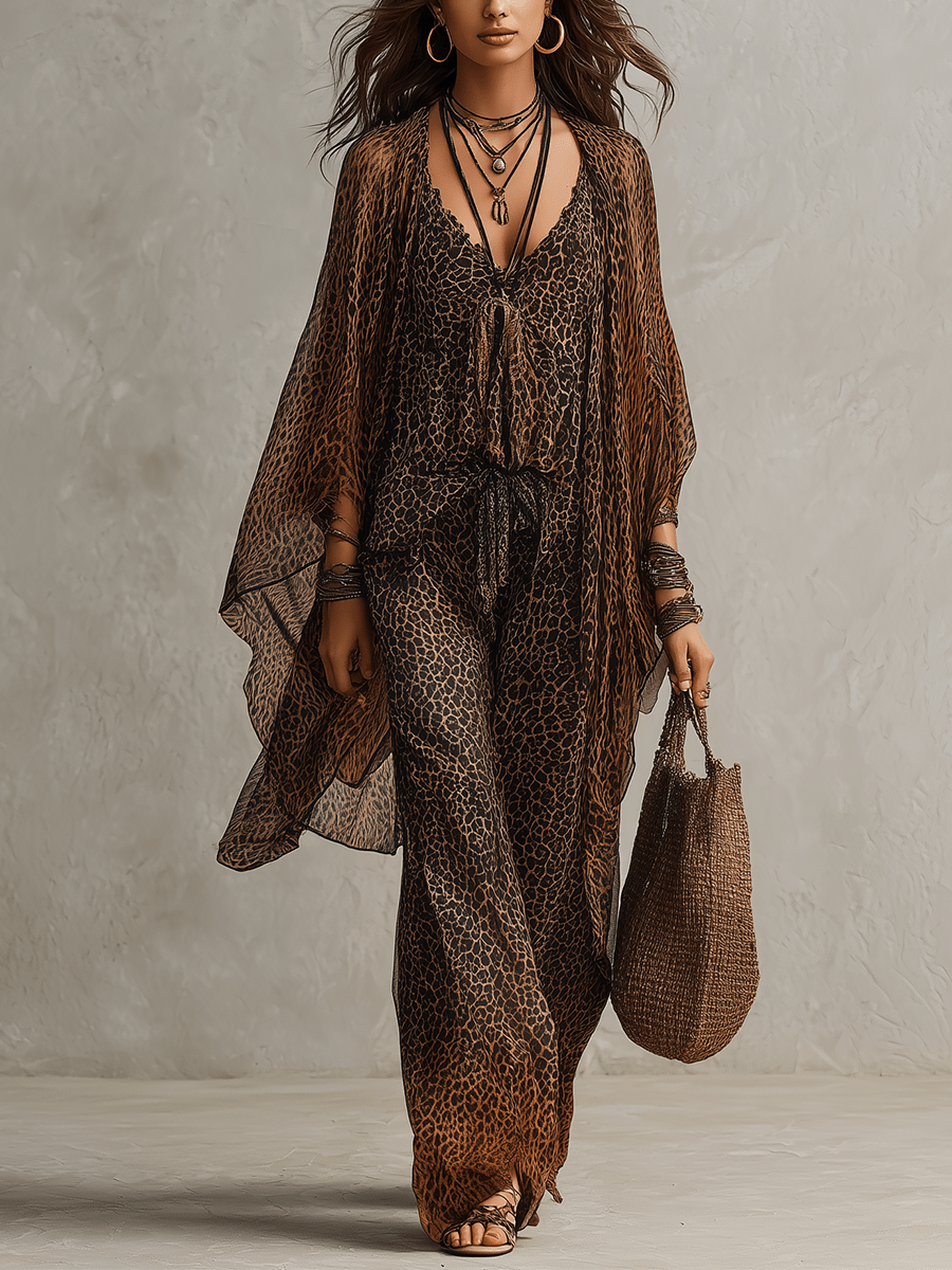 Antoinette | Bohemian Gradient Leopard Print Flowing Robe Three-Piece Set