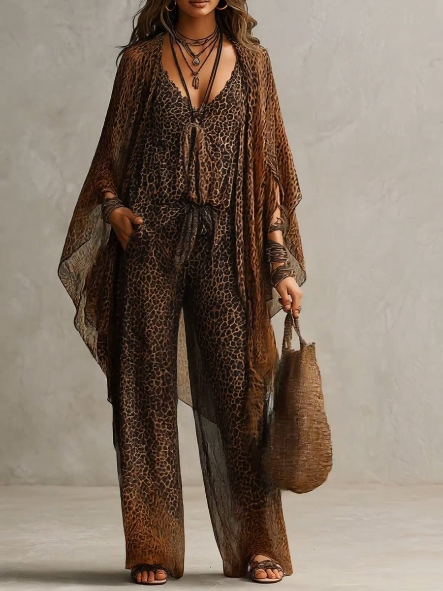Antoinette | Bohemian Gradient Leopard Print Flowing Robe Three-Piece Set