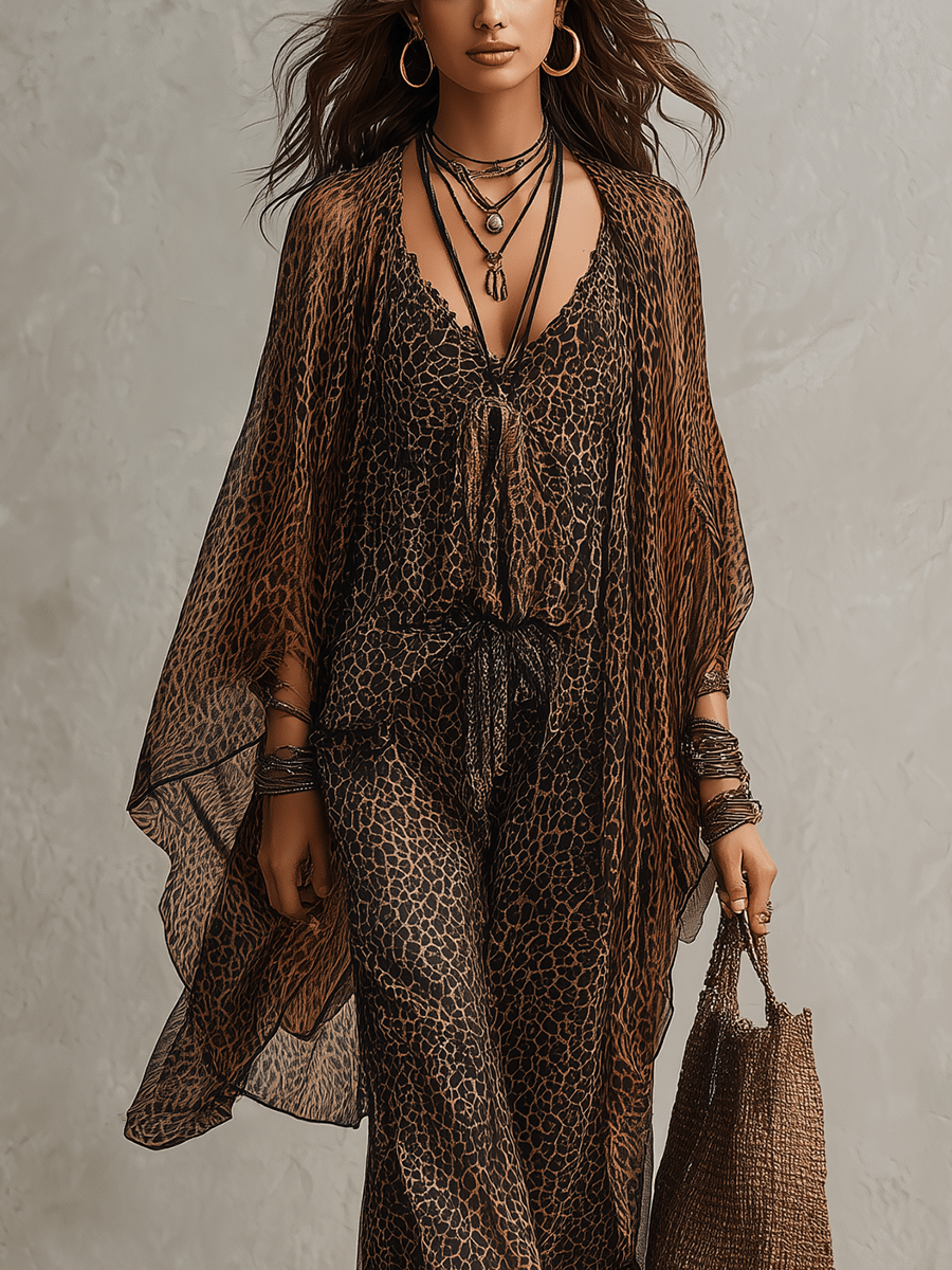 Antoinette | Bohemian Gradient Leopard Print Flowing Robe Three-Piece Set