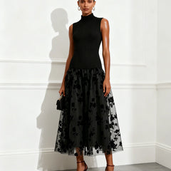 Addie | Flocked Knit High Neck Drop-Waist Sleeveless A-Line Maxi Dress