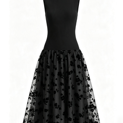 Addie | Flocked Knit High Neck Drop-Waist Sleeveless A-Line Maxi Dress