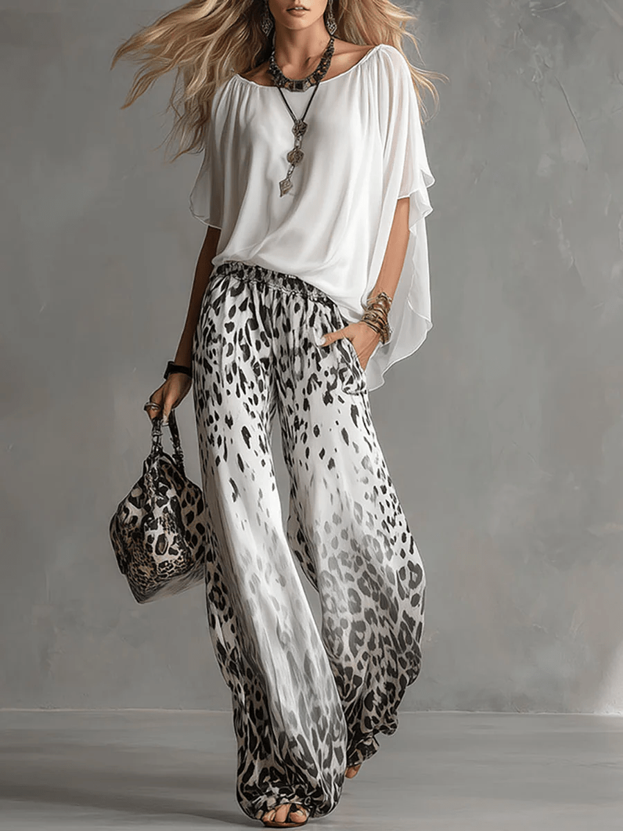 Solene | Flowy T-shirt and Leopard Print Chiffon Pants Set