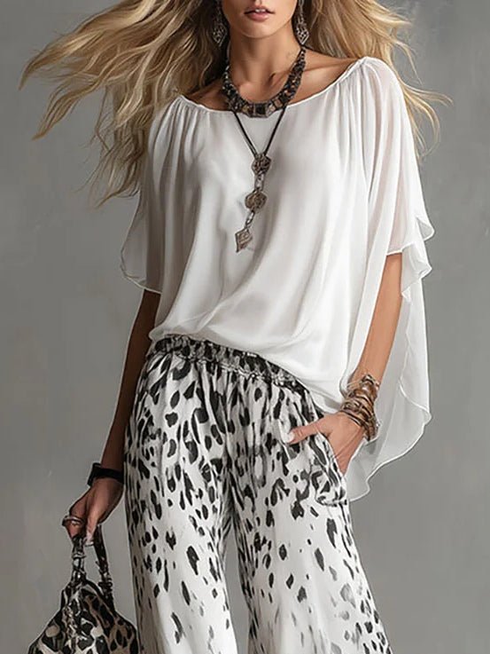 Solene | Flowy T-shirt and Leopard Print Chiffon Pants Set