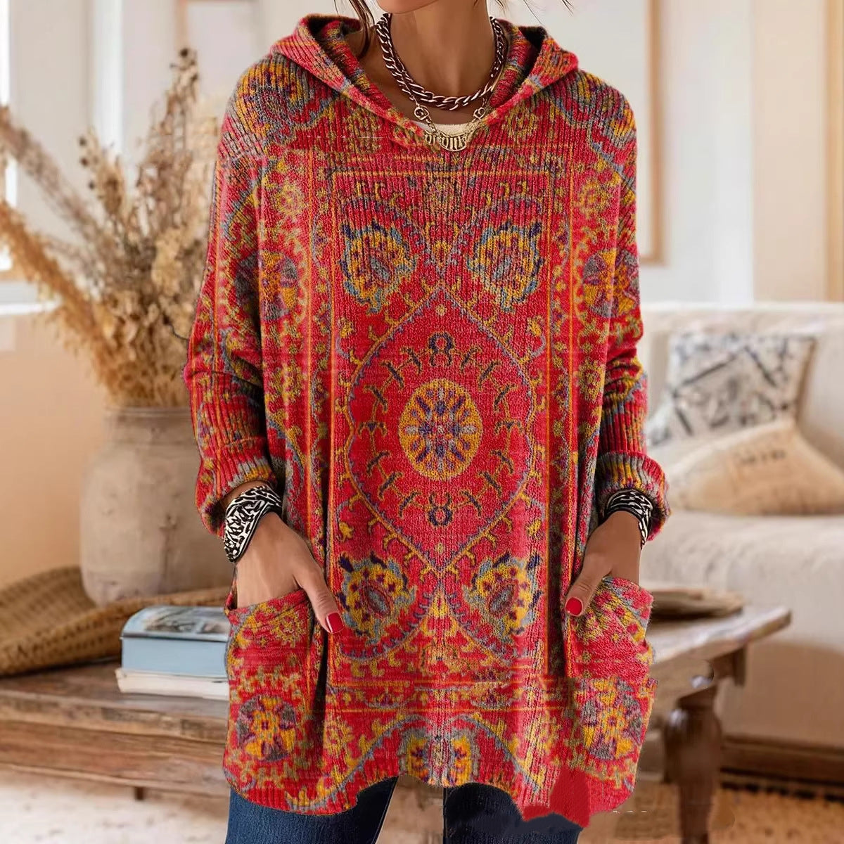 Women’s Boho Print Hooded Longline Tunic