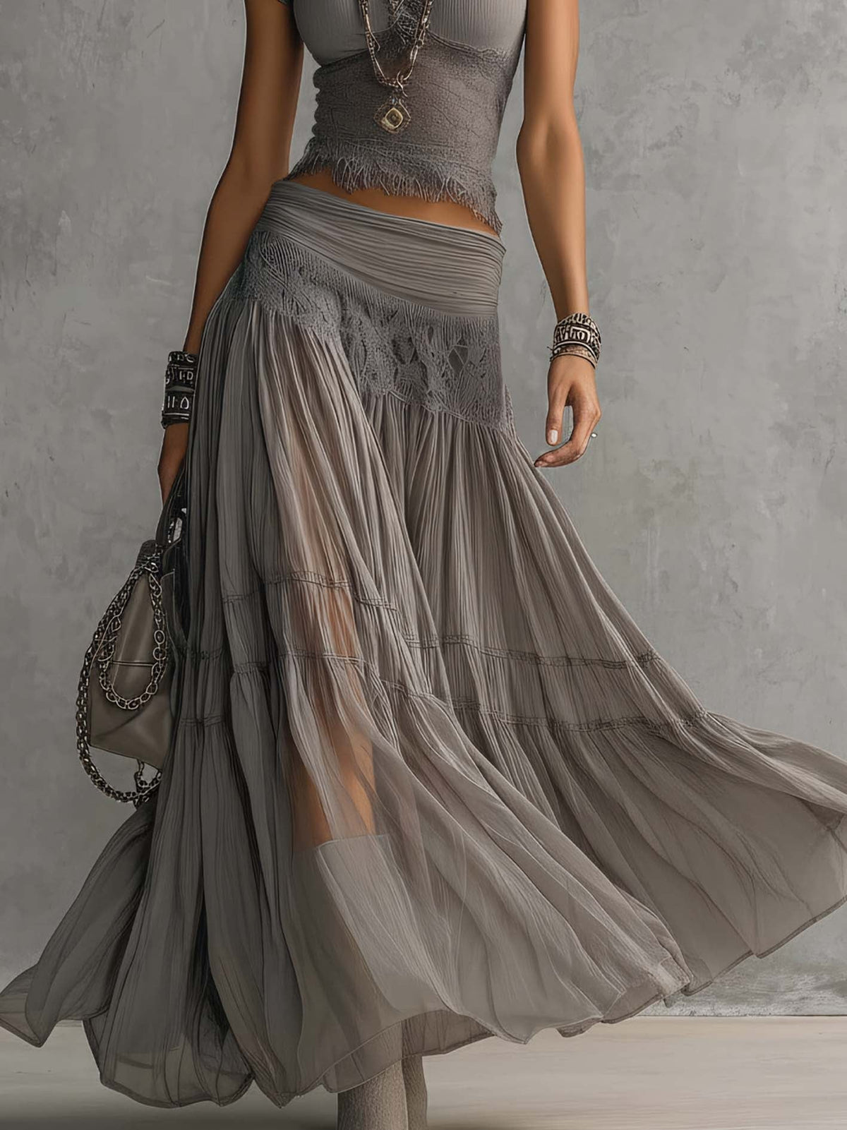 Genevieve | Sheer Lace Top with Panel and Pleated Maxi Skirt Set
