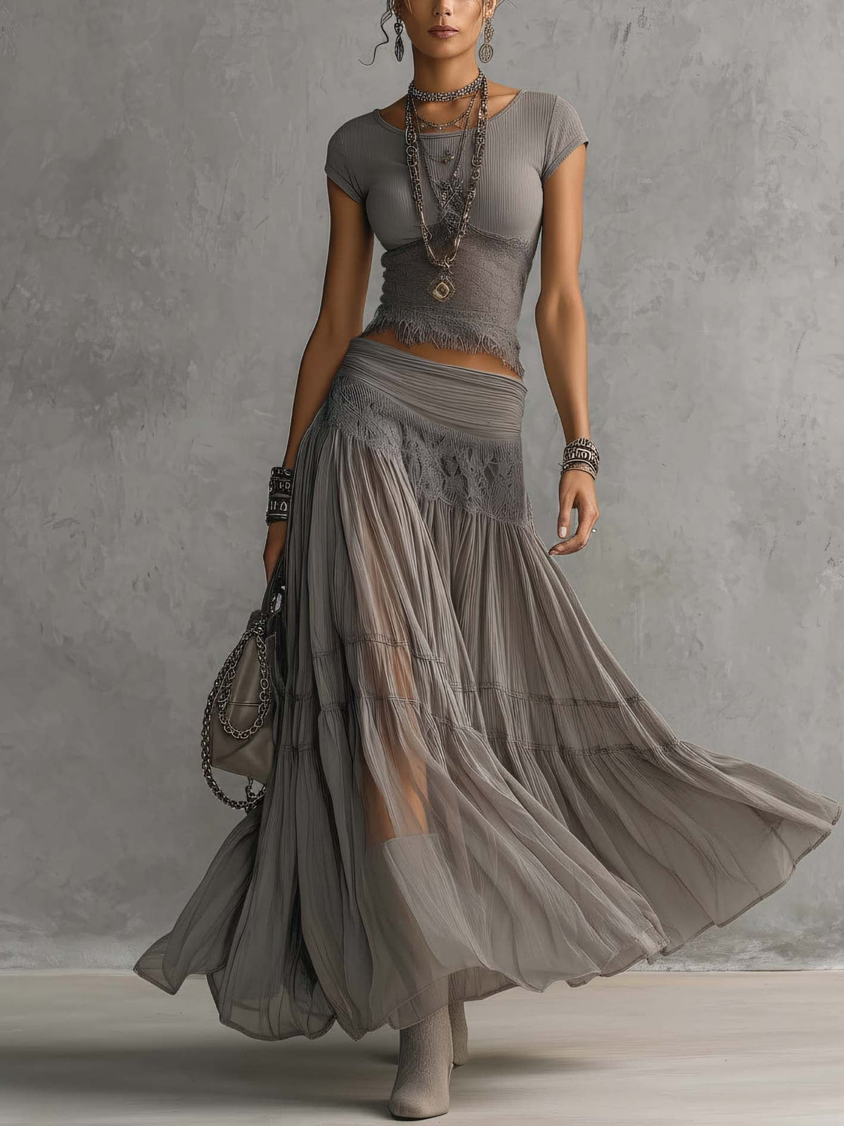 Genevieve | Sheer Lace Top with Panel and Pleated Maxi Skirt Set