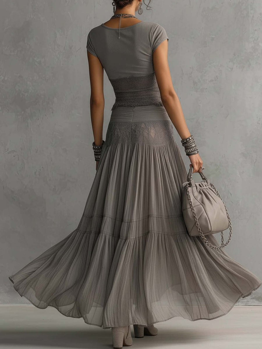 Genevieve | Sheer Lace Top with Panel and Pleated Maxi Skirt Set