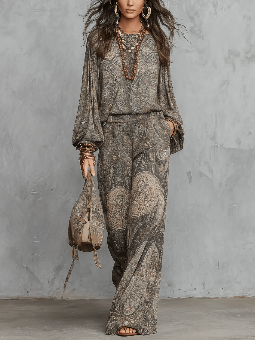 Anouk | Paisley Pattern Lantern Sleeve Top and Wide Leg Pants Set