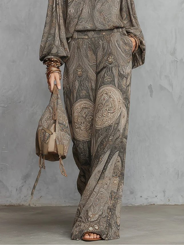 Anouk | Paisley Pattern Lantern Sleeve Top and Wide Leg Pants Set