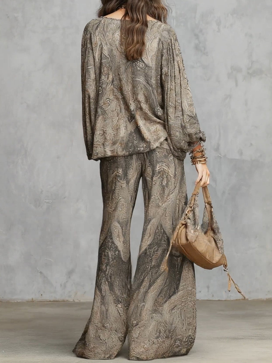 Anouk | Paisley Pattern Lantern Sleeve Top and Wide Leg Pants Set