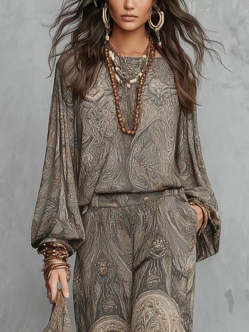 Anouk | Paisley Pattern Lantern Sleeve Top and Wide Leg Pants Set