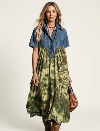 Syma | Denim Patchwork Print Maxi Dress