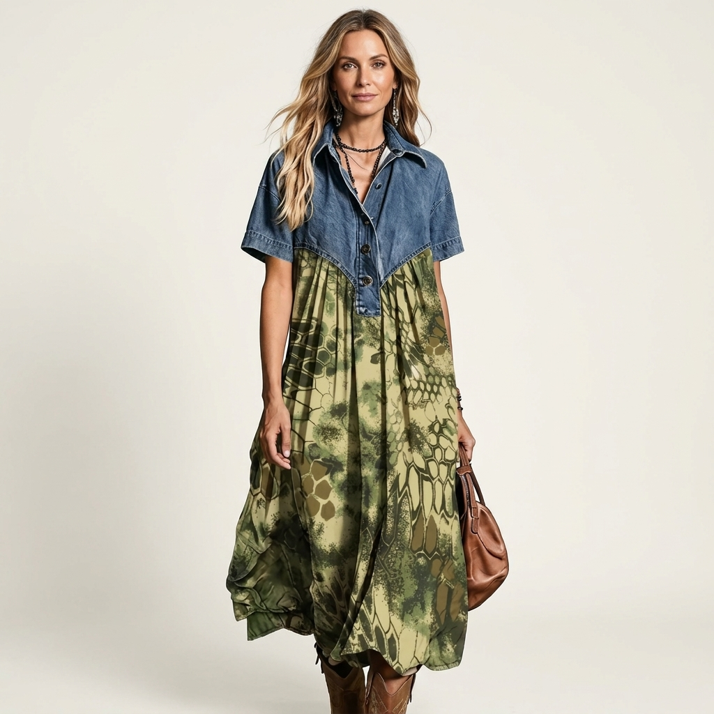 Syma | Denim Patchwork Print Maxi Dress
