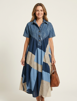 Syma | Denim Patchwork Print Maxi Dress