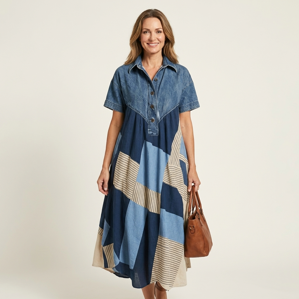 Syma | Denim Patchwork Print Maxi Dress