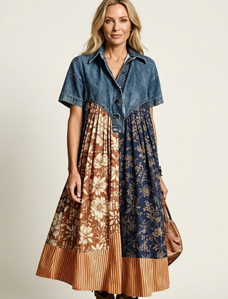 Syma | Denim Patchwork Print Maxi Dress