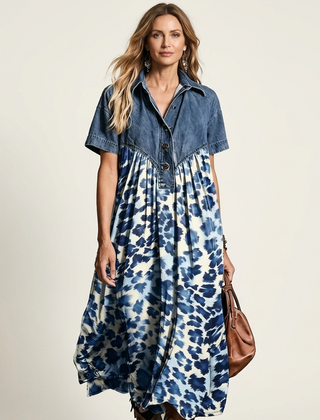 Syma | Denim Patchwork Print Maxi Dress