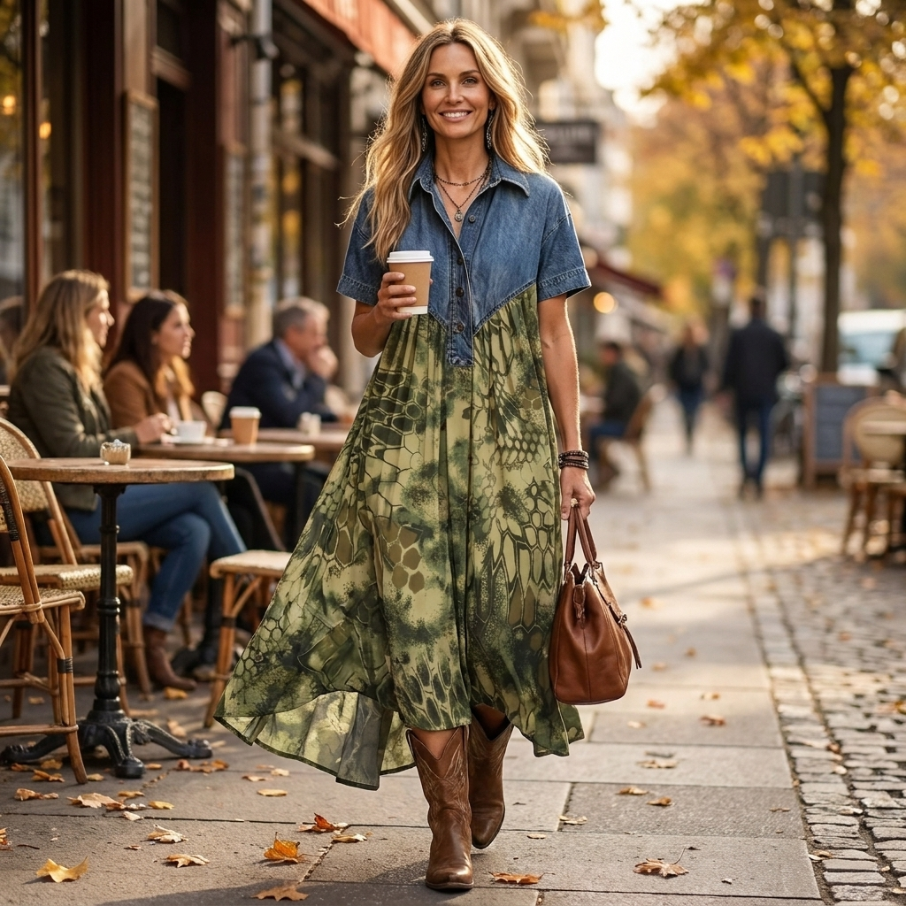 Syma | Denim Patchwork Print Maxi Dress