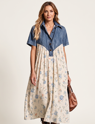 Syma | Denim Patchwork Print Maxi Dress
