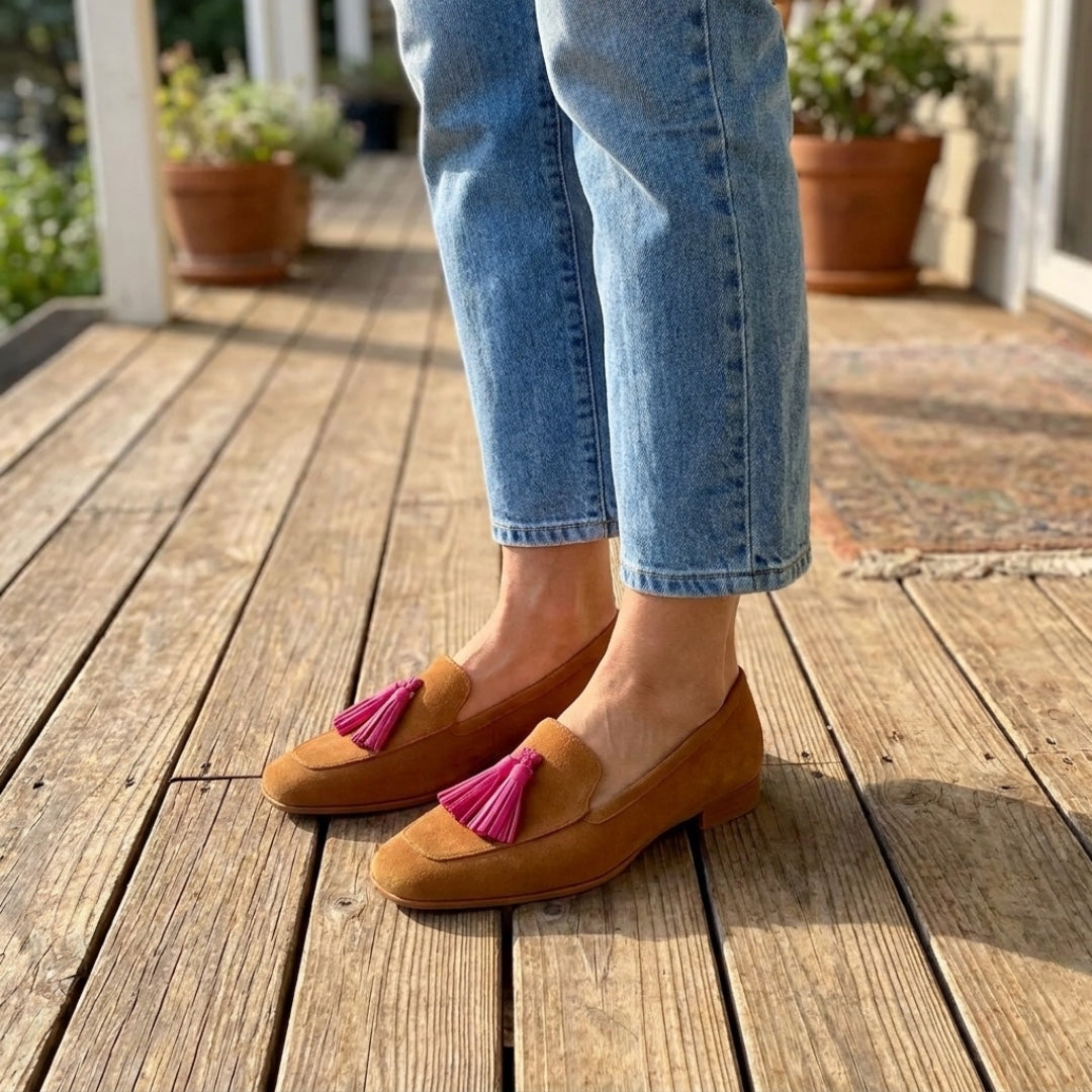 The Isadora — warm caramel suede with a playful pink tassel.
