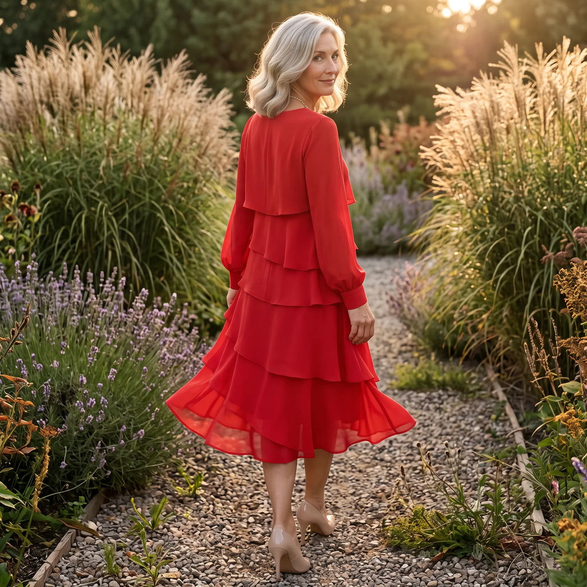 The Kiri in Red — flowing layers that move with every step.