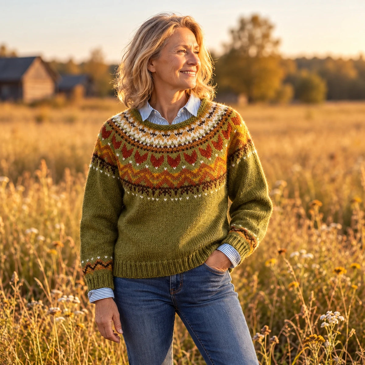 The Ardent — moss green with a warm Nordic yoke of red hearts, gold zigzags and cream dots.