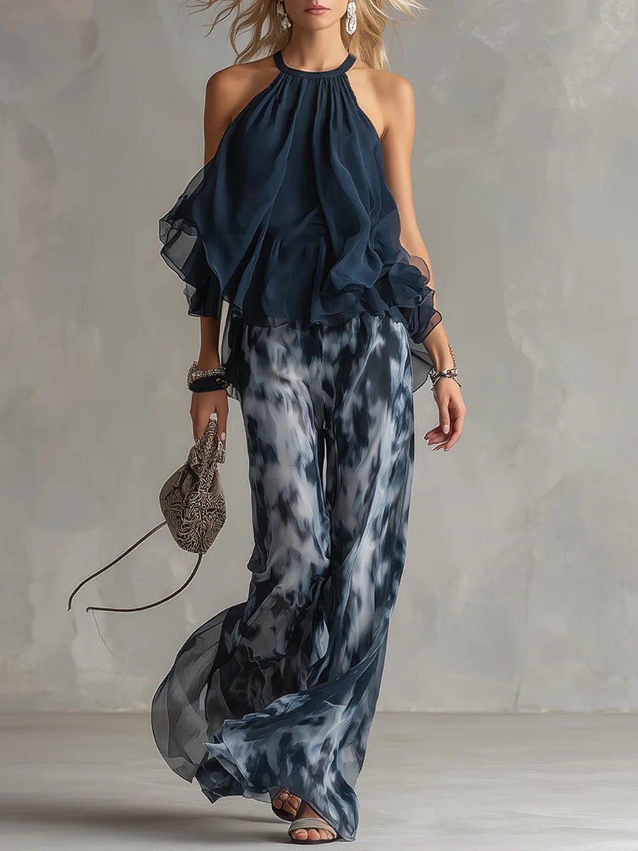 Celeste | Halter Top and Printed Wide Leg Chiffon Set