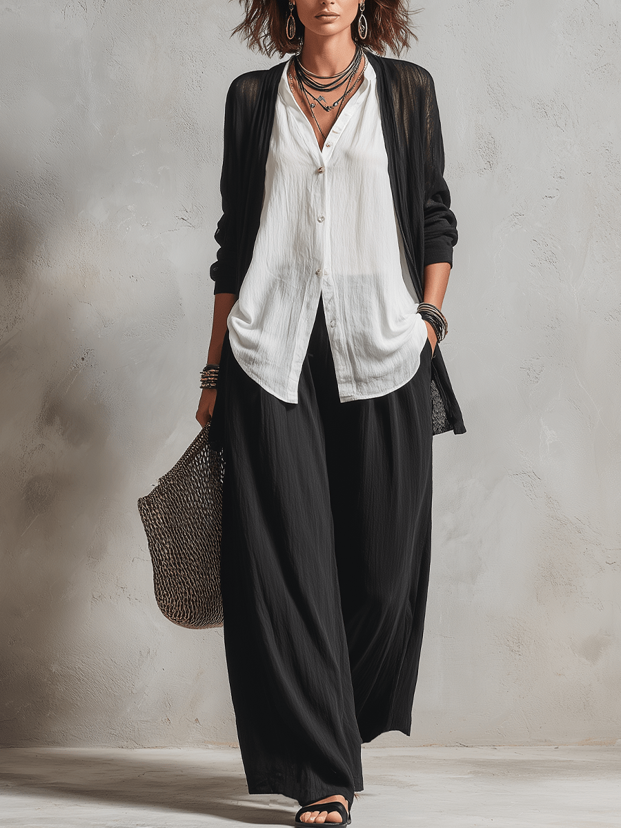 Marguerite | Minimalist Layered Cardigan and Wide Pants Three-Piece Set