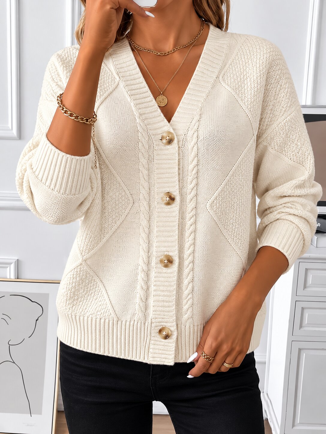 Hilde | V-Neck Cable Knit Button Cardigan