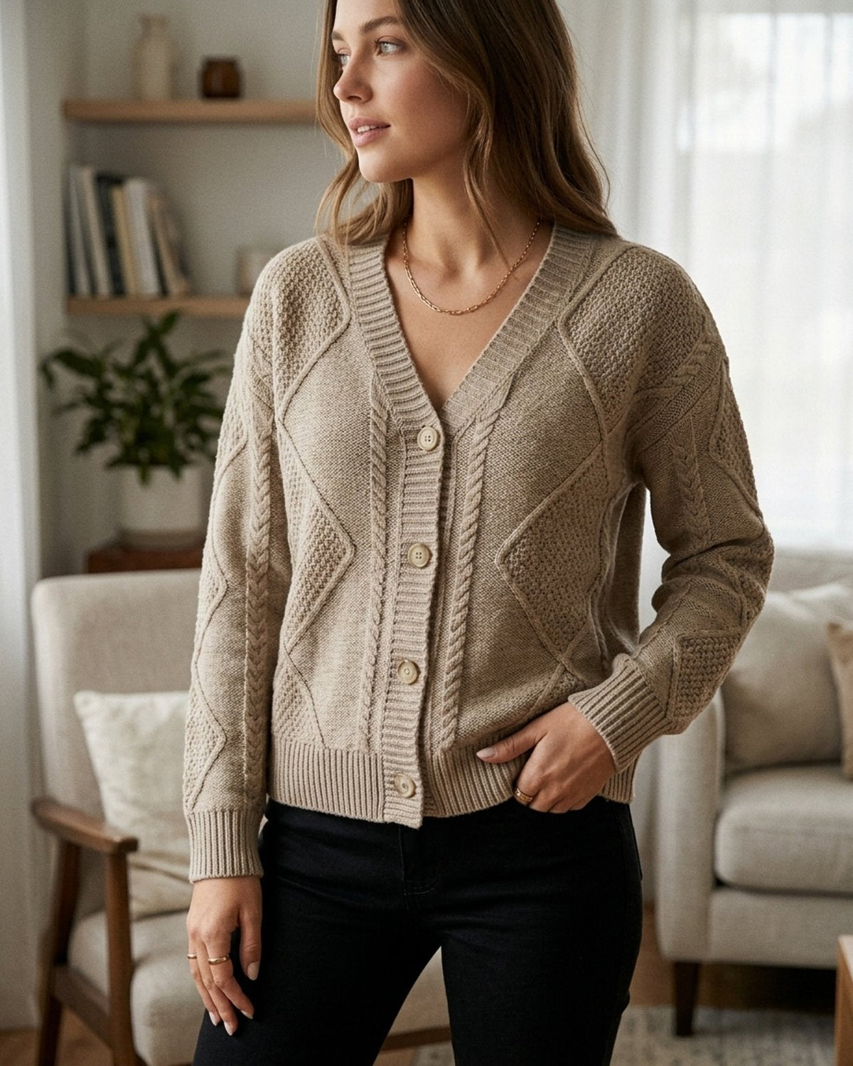 Hilde | V-Neck Cable Knit Button Cardigan