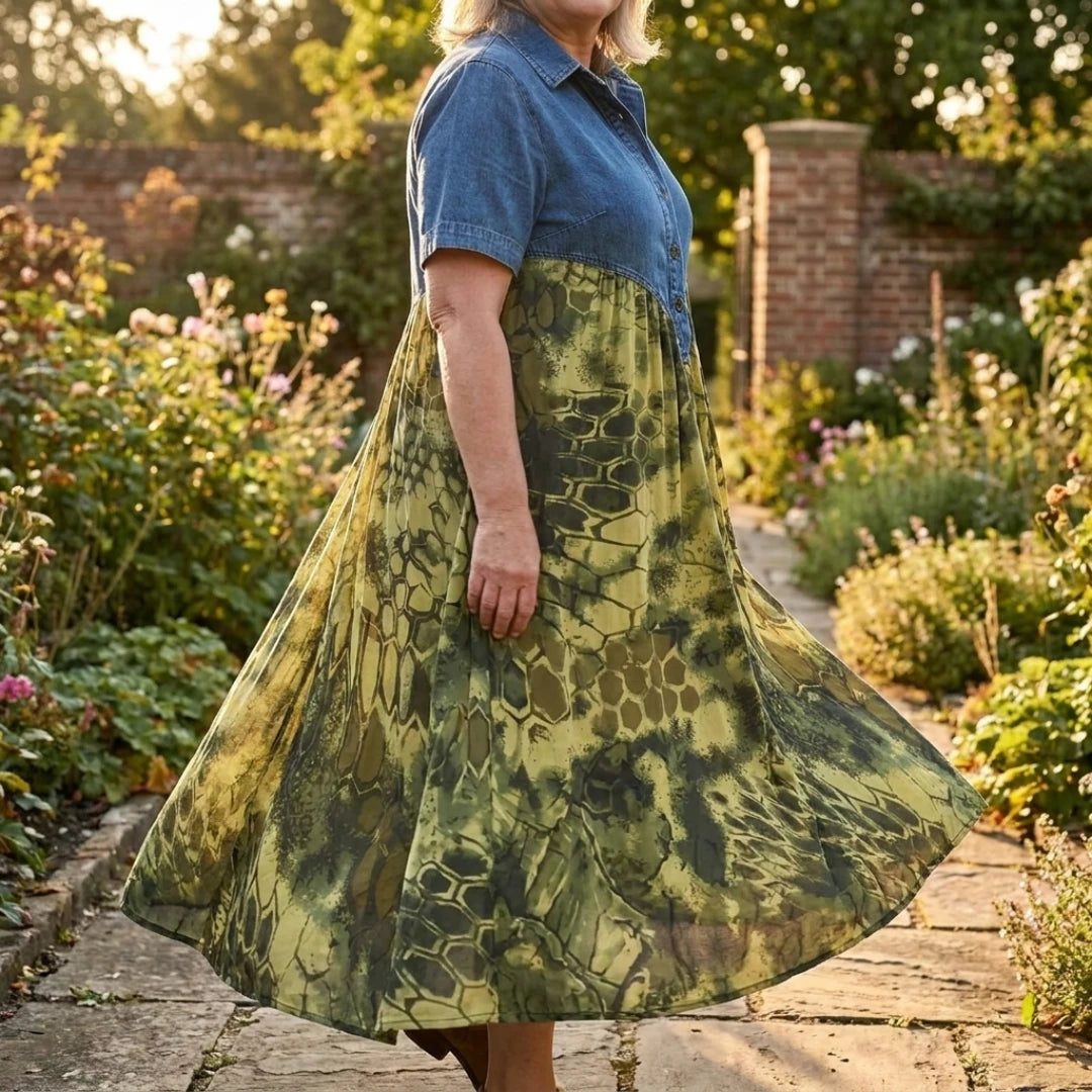 The Syma — denim on top, a skirt full of movement below.